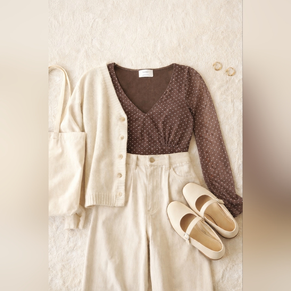 Electric Behaviour Brown Polka Dot Mesh Top Semi-Sheer Y2K Cottagecore Sz Medium